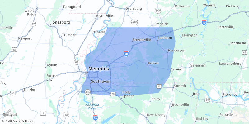 Map showing Stewart Fencing service area covering West Tennessee and North Mississippi